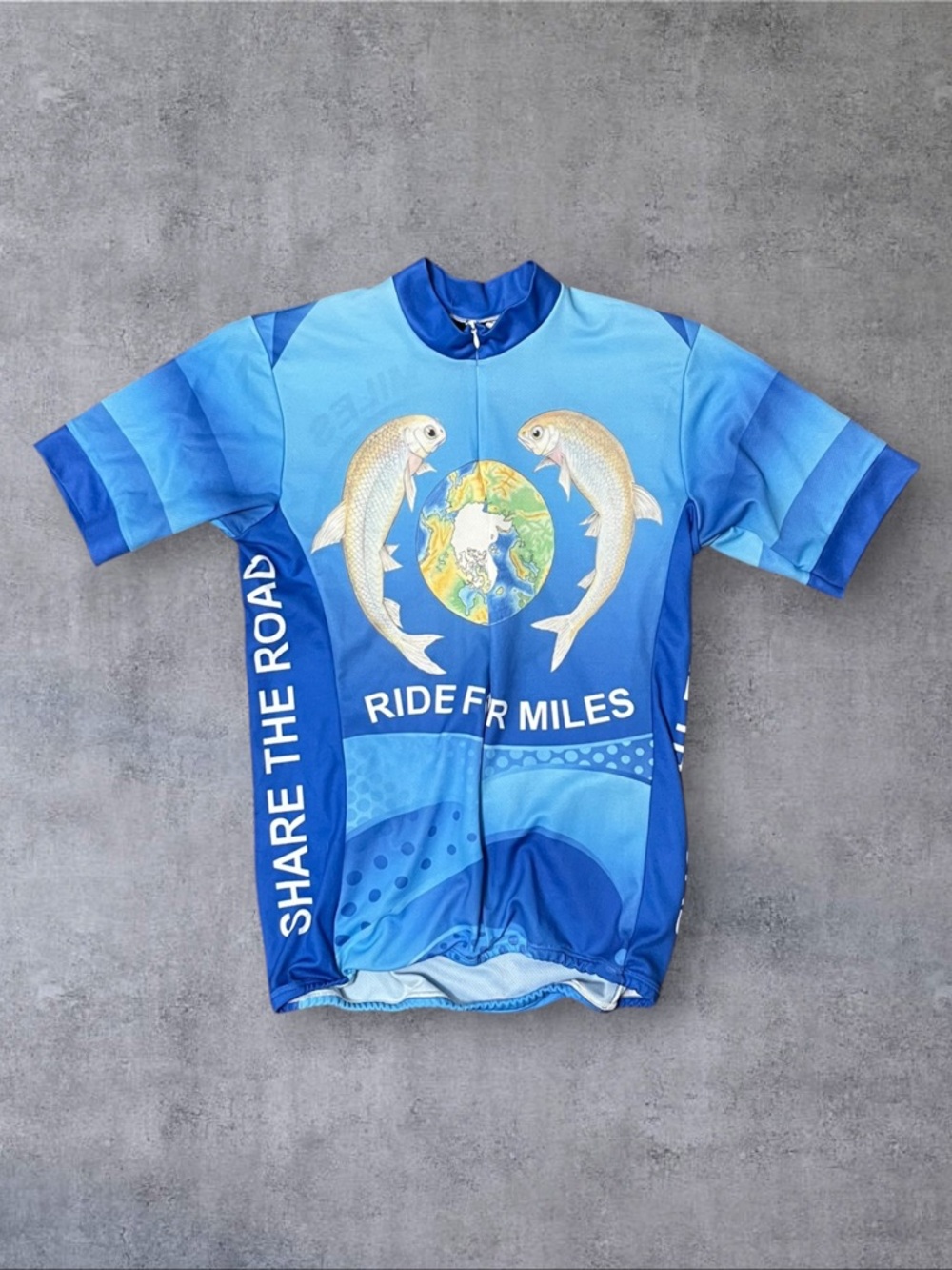 Fish & The World Ride for Miles Blue Biking Cycling Shirt
